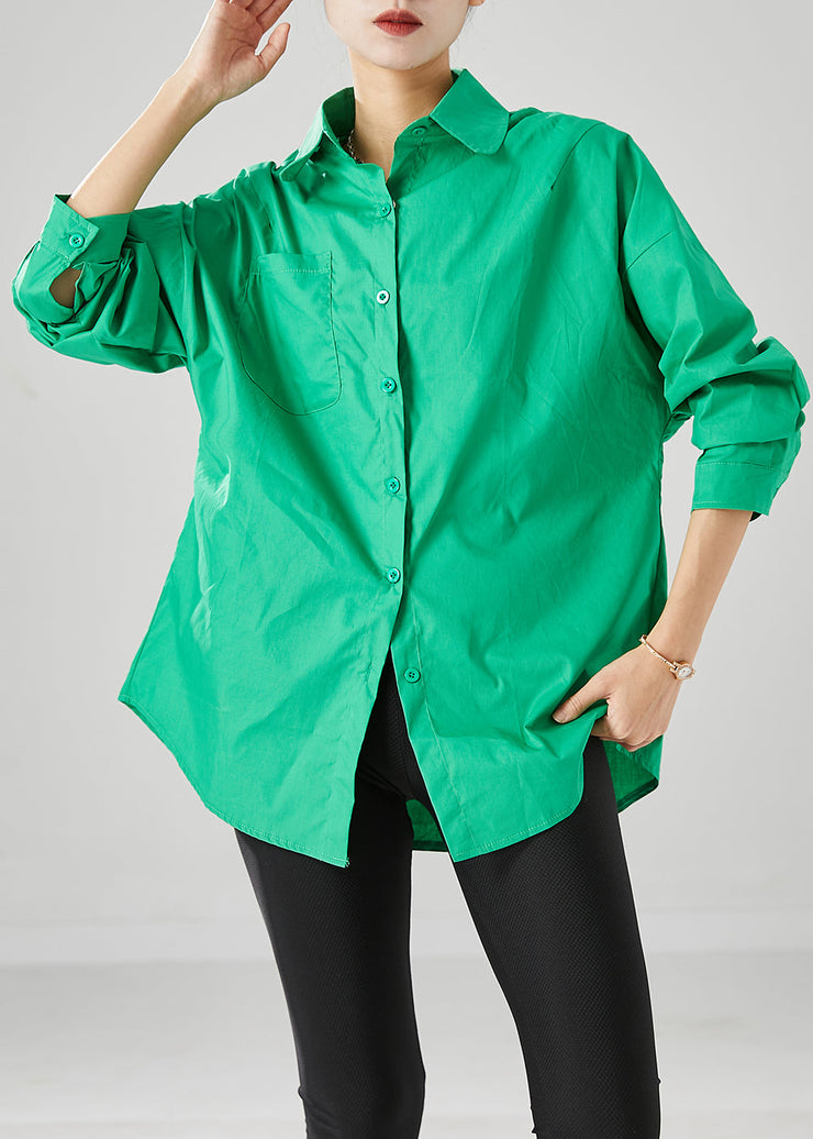 French Green Peter Pan Collar Oversized Cotton Shirts Fall