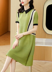 French Green Peter Pan Collar Patchwork 2022 Mid Dress Short Sleeve