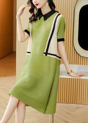 French Green Peter Pan Collar Patchwork 2022 Mid Dress Short Sleeve