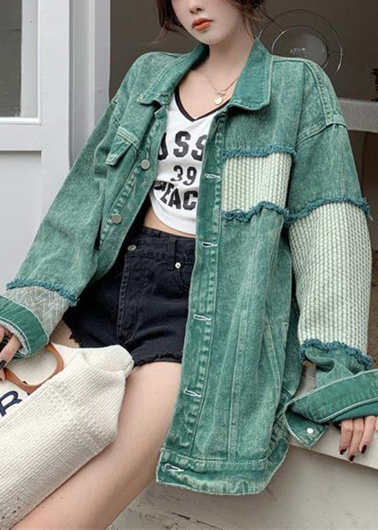 French Green Peter Pan Collar Pockets Patchwork Denim Coats Spring