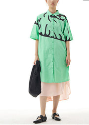 French Green Peter Pan Collar Print Cotton Long Shirts Summer