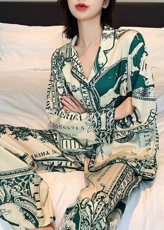 French Green Peter Pan Collar Print Ice Silk Two Pieces Set Pajamas Spring