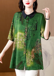 French Green Peter Pan Collar Print Silk Shirts Summer