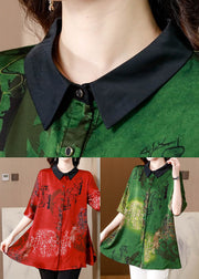 French Green Peter Pan Collar Print Silk Shirts Summer