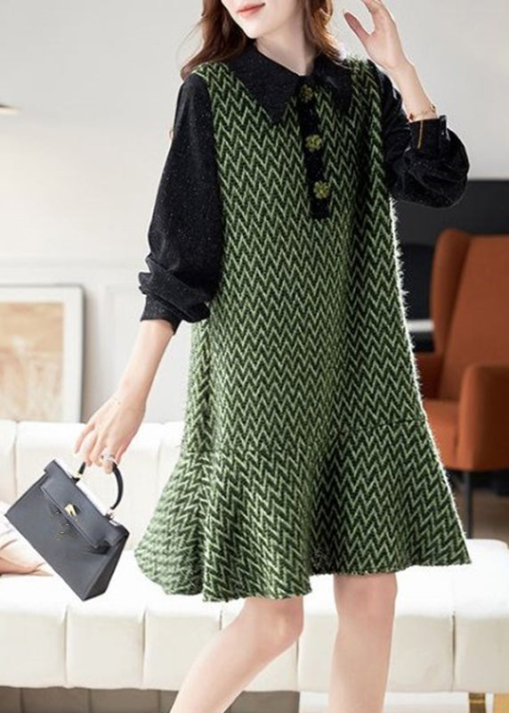 French Green Peter Pan Collar Striped Patchwork Mid Dresses Spring