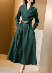 French Green Peter Pan Collar Tie Waist Patchwork Corduroy Long Dresses Fall