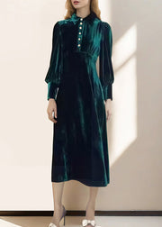 French Green Peter Pan Collar Velvet Dresses Spring