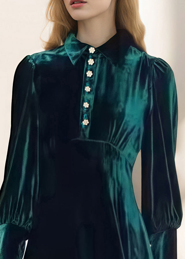 French Green Peter Pan Collar Velvet Dresses Spring