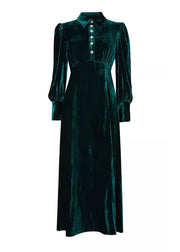 French Green Peter Pan Collar Velvet Dresses Fall