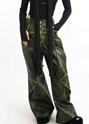 French Green Pockets High Waist Faux Leather Pants Spring