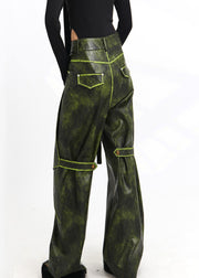 French Green Pockets High Waist Faux Leather Pants Spring