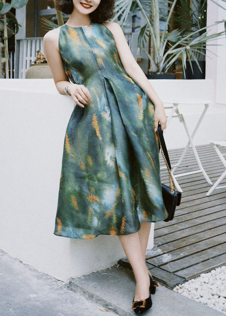 French Green Print High Waist Silk Long Dress Sleeveless