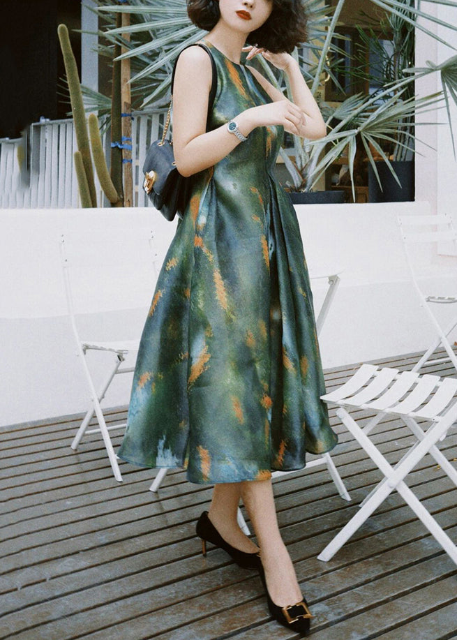 French Green Print High Waist Silk Long Dress Sleeveless