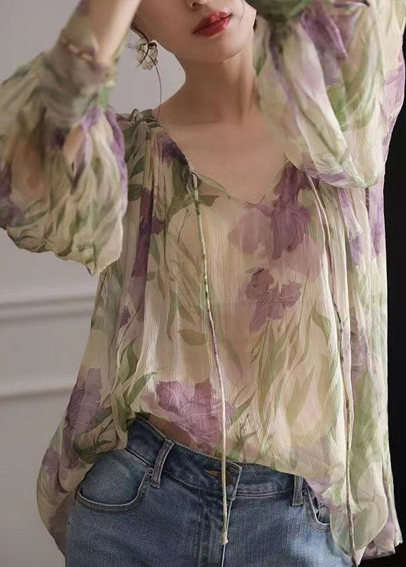 French Green Print Lace Up Chiffon Blouse Long Sleeve