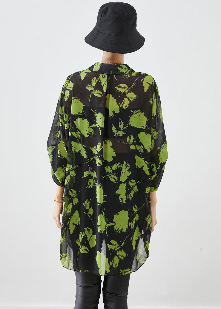 French Green Print Oversized Chiffon Blouses Lantern Sleeve