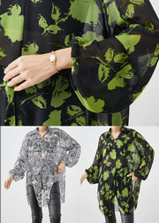 French Green Print Oversized Chiffon Blouses Lantern Sleeve