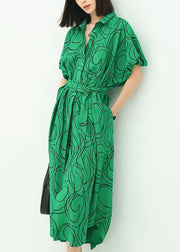 French Green Print Tie Waist Cotton Shirts Dresses Summer