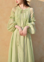 French Green Ruffled Embroidered Chiffon Dress Summer