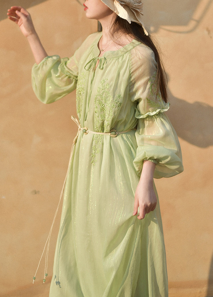 French Green Ruffled Embroidered Chiffon Dress Summer