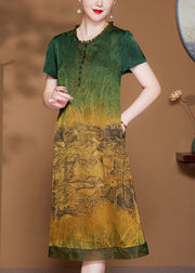 French Green Ruffled Pockets Patchwork Silk Dress Summer