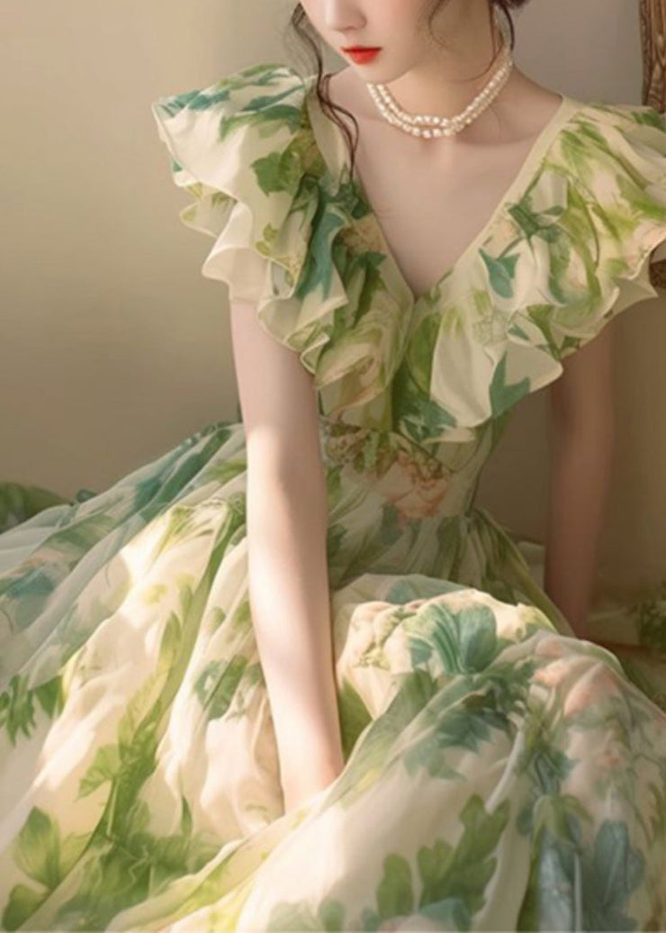 French Green Ruffled Print Chiffon Holiday Dress Summer