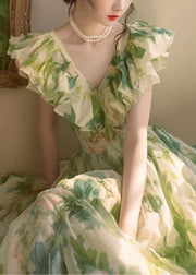 French Green Ruffled Print Chiffon Holiday Dress Summer
