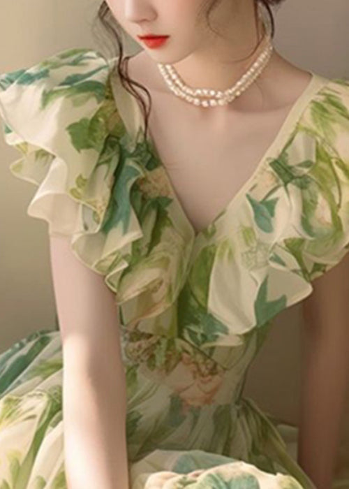 French Green Ruffled Print Chiffon Holiday Dress Summer