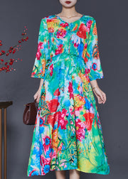 French Green Ruffled Print Exra Large Hem Silk Beach Dress Spring