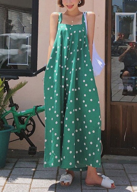 French Green Slash Neck Print Chiffon Wide Leg Jumpsuits Summer