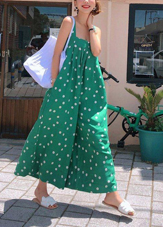 French Green Slash Neck Print Chiffon Wide Leg Jumpsuits Summer