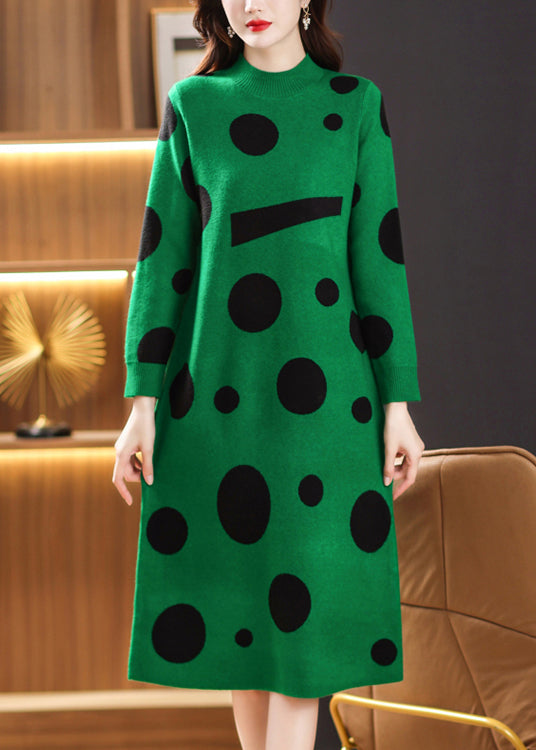 French Green Stand Collar Print Patchwork Woolen Dress Fall