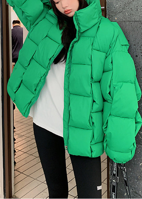 French Green Stand Collar Thick Fine Cotton Filled Puffer Jacket Winter