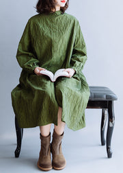 French Green Stand Collar Wrinkled Cotton Shirt Dresses Fall