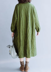 French Green Stand Collar Wrinkled Cotton Shirt Dresses Fall