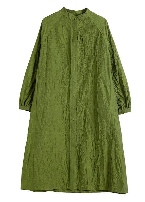 French Green Stand Collar Wrinkled Cotton Shirt Dresses Fall