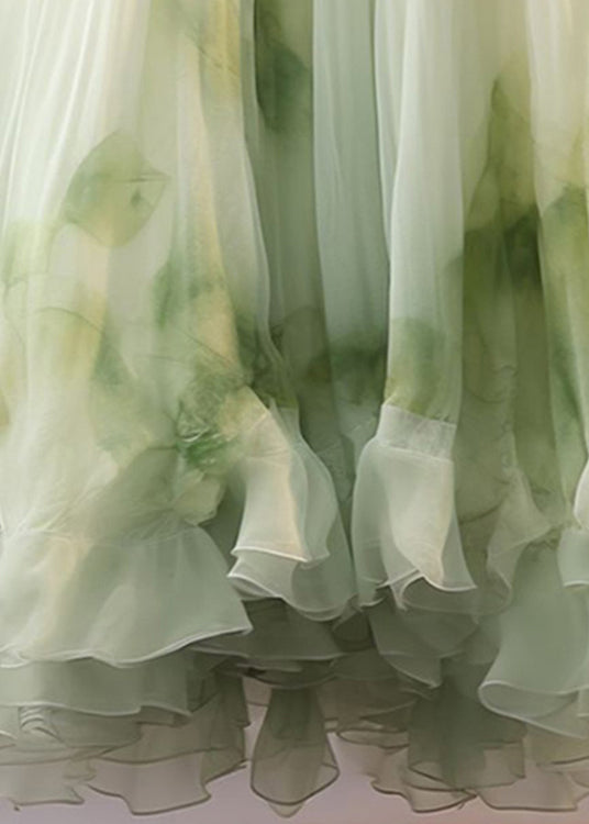 French Green Tie Dye Wrinkled Chiffon Skirt Summer