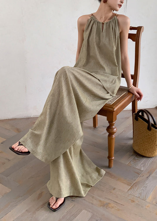 French Green Tops And Pants Linen Two Pieces Set Sleeveless