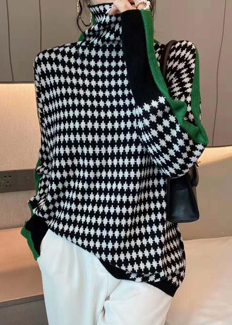 French Green Turtleneck Plaid Patchwork Knit Coats Spring