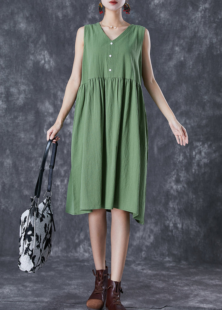 French Green V Neck Exra Large Hem Linen Dress Summer