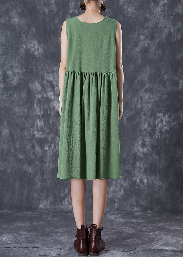 French Green V Neck Exra Large Hem Linen Dress Summer