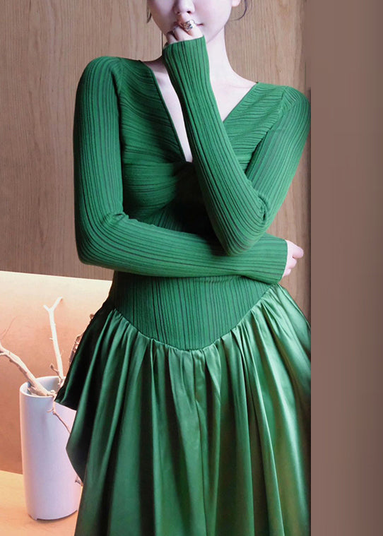 French Green V Neck High Waist Patchwork Knit Dresses Long Sleeve