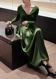French Green V Neck High Waist Patchwork Knit Dresses Long Sleeve