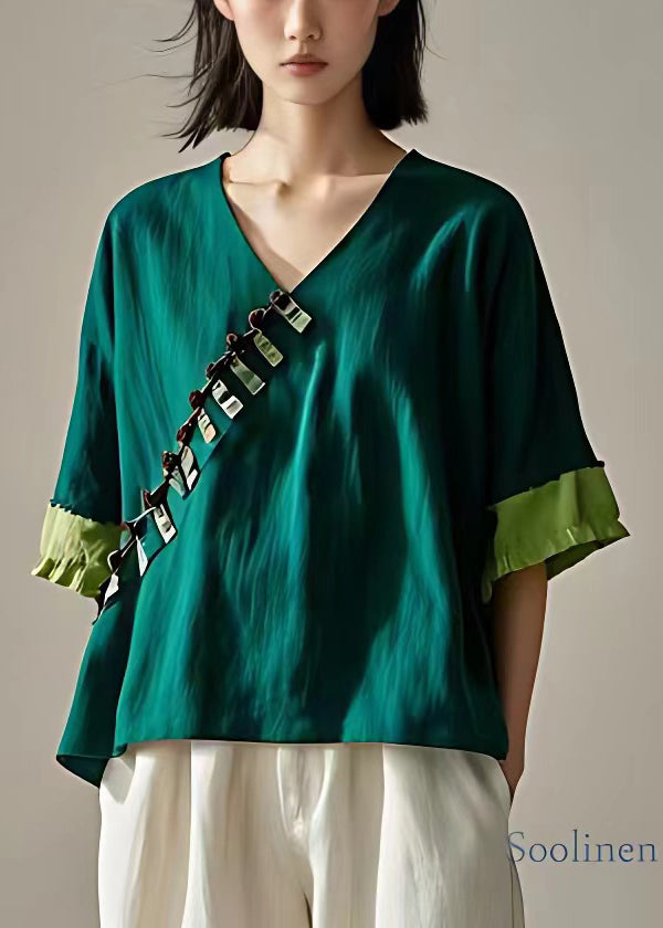 French Green V Neck Patchwork Cotton Shirts Half Sleeve