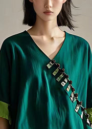 French Green V Neck Patchwork Cotton Shirts Half Sleeve