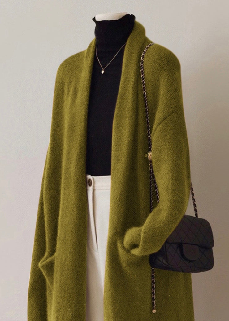 French Green V Neck Pockets Woolen Cardigan Fall