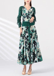 French Green V Neck Print Chiffon Patchwork Long Dress Spring