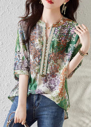 French Green V Neck Print Chiffon Shirts Summer