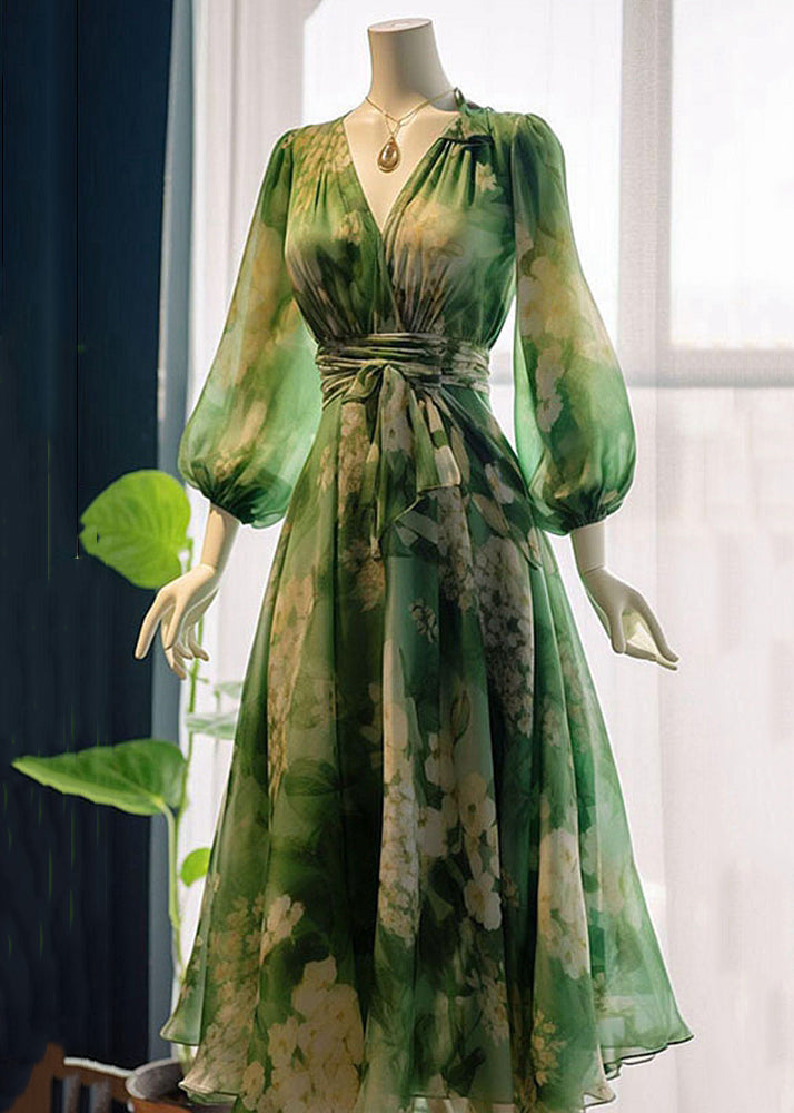 French Green V Neck Print High Waist Chiffon Dresses Long Sleeve