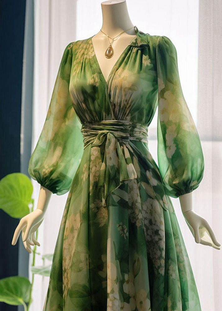 French Green V Neck Print High Waist Chiffon Dresses Long Sleeve
