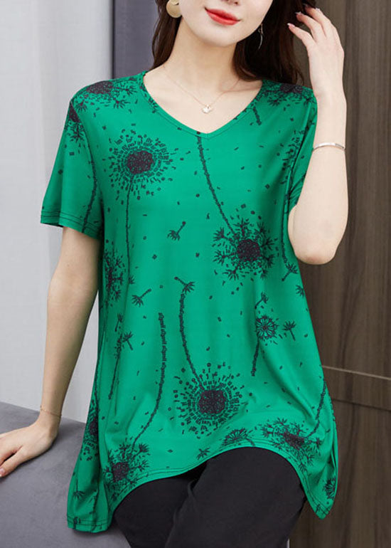 French Green V Neck Print Patchwork Cotton T Shirt Top Summer